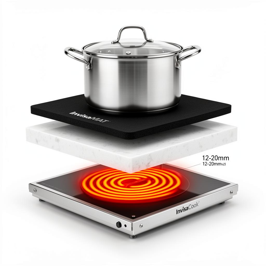 InvisaCook layered cross-section diagram showing pot, InvisaMAT, porcelain countertop, induction unit, copper coil